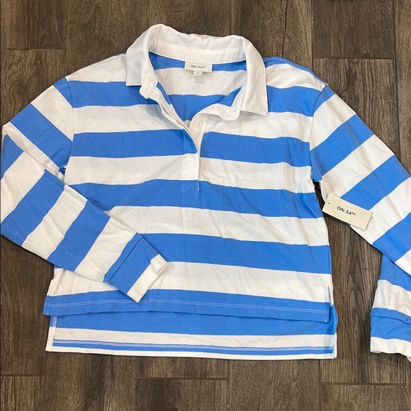NWT On 34th Marina Blue and White Striped Cotton Polo - Picture 1 of 5
